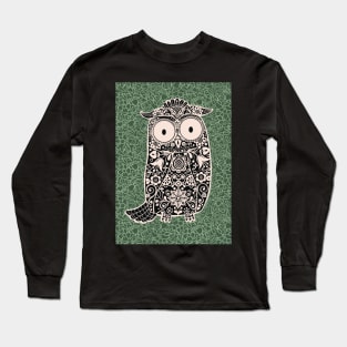 Black and White Folk Art Owl on Green Floral Background - Long Sleeve T-Shirt